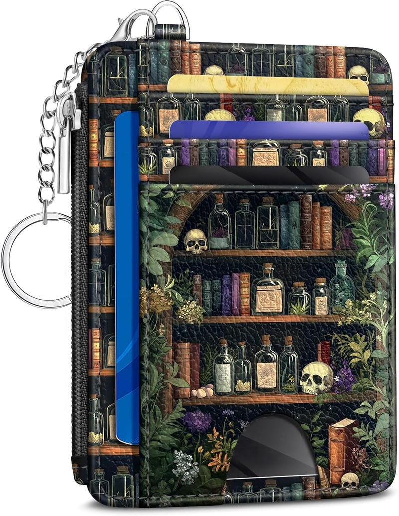 Kelvoris Goth Bookshelf Skull Credit Card Holder Small Wallet Women, Gothic Witchy Slim RFID Blocking Wallet Woman Keychain Zipper Coin Pocket, Front Pocket Thin Travel Card Case ID Window Ladies Gift - Image 1